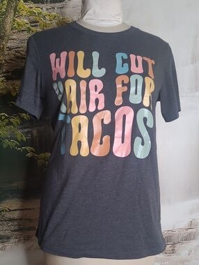 Womens Medium Gray Will Cut Hair For Tacos short sleeve graphic Tshirt